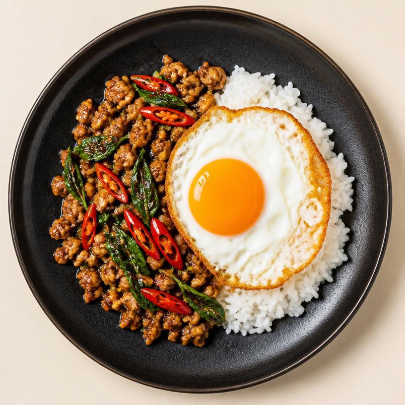 กะเพราหมูสับไข่ดาว (Pad Kra Pao)